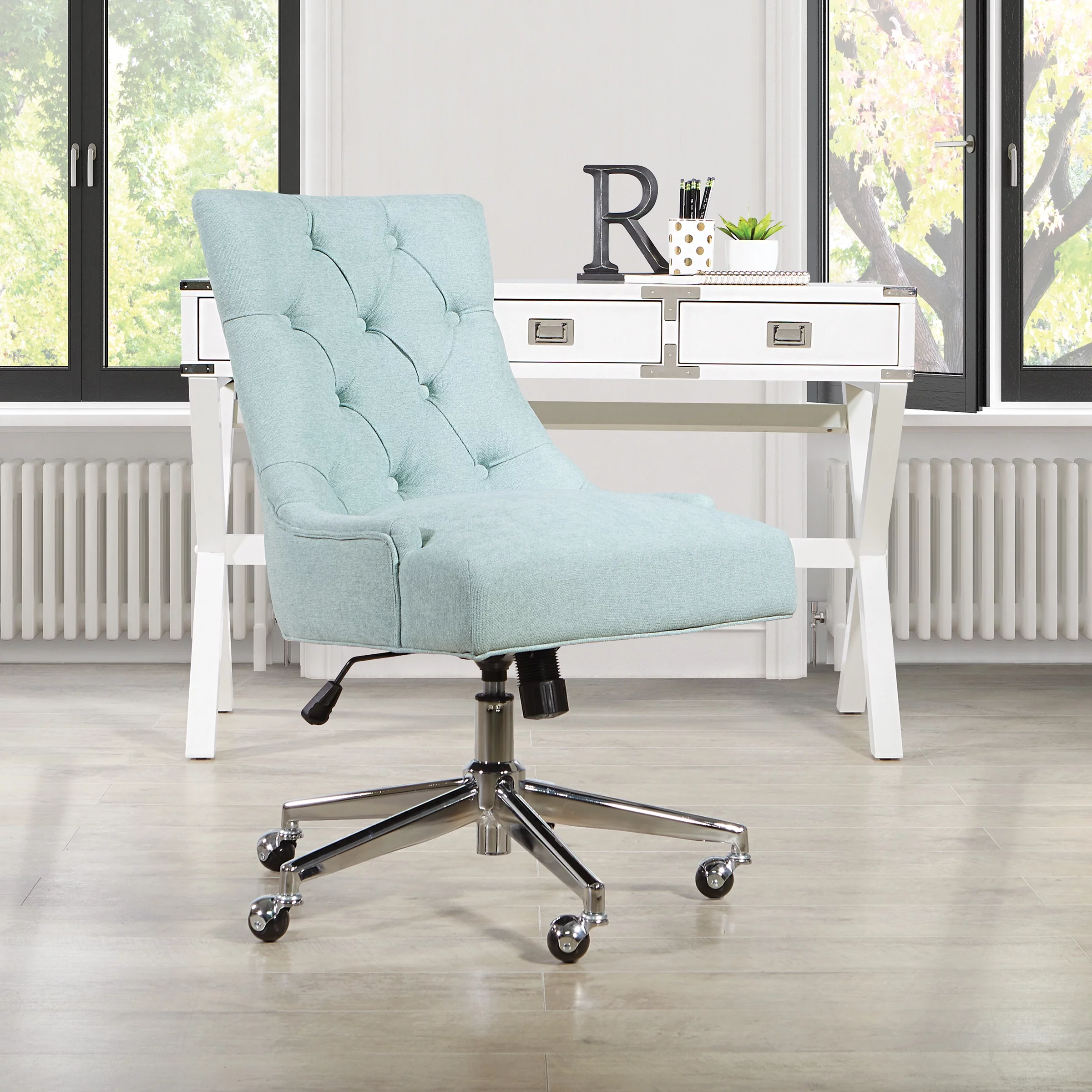 Amelia Office Chair in Mint Blue Fabric with Chrome Base