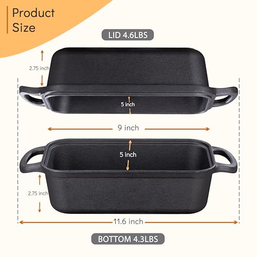 GRMImosa 2 in 1 Cast Iron Bread Loaf Pan with Lid, Loaf Pans for Baking Bread 9x5, Even Heat Distribution for Meatloaf, Homemade Bread