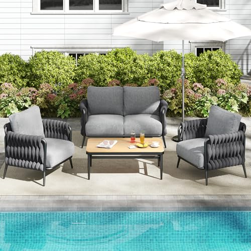 Outdoor Patio Furniture Set 6-Piece, Outdoor 5-Seat Sofa with Coffee Table, Waterproof Thick Cushion Patio Conversation Set, All Weather Outdoor Couch Set for Deck, Lawn, Balcony, Porch