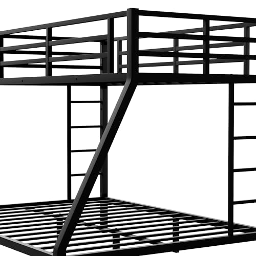 Heavy Duty Bunk Bed Frame with Ladder, Twin XL Over Twin XL Bunk Beds with Safety Guardrails, Adults Bunk Beds with Noise-Reducing Rubber Stoppers, Easy Assemble, Black