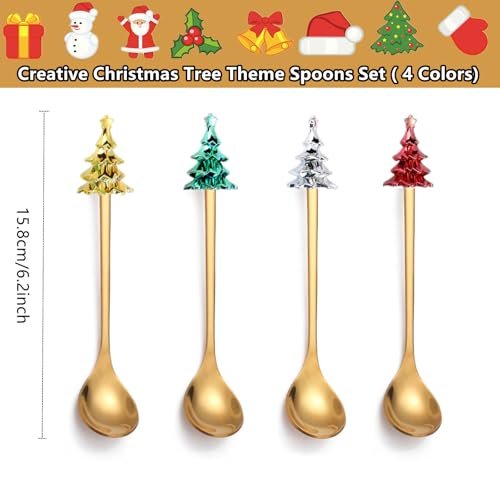 4Pcs Christmas Spoons with Red Paper Box Creative Christmas Tree Stainless Steel Gold Spoons for Coffee Dessert Tea Soup Dinner Tableware Party Supplies