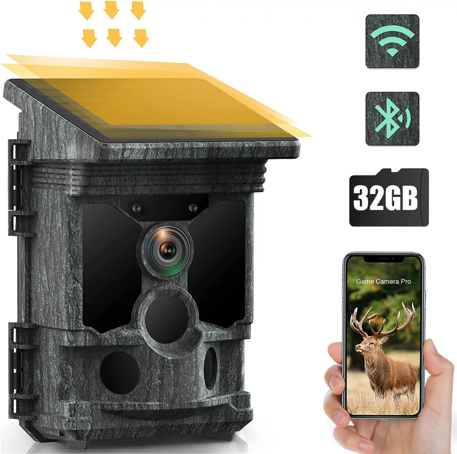 CAMPARK Solar Powered Trail Camera with SD Card Native 46MP 4K 30fps WiFi Bluetooth Game Hunting Deer Camera with Loop Recording Night Vision Waterproof IP66 120°Wide-Angle 0.1s Trigger Time Trail Cam