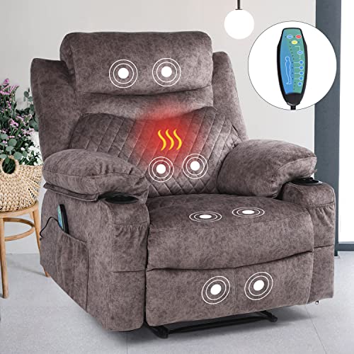 Oversized Swivel Rocker Recliner Chairs with Massage and Heat Fabric Massaging Reclining Chair Heated Power Rocking Recliners with Cup Holders for Adults, Grey