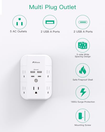 Outlet Extender, Surge Protector Outlet with 4 USB Ports(2 USB C), 3-Sided 1800J Dorm Room Essentials Power Strip Wall Charger, Multi Plug Adapter Outlet Splitter for Home Travel Office, ETL Listed