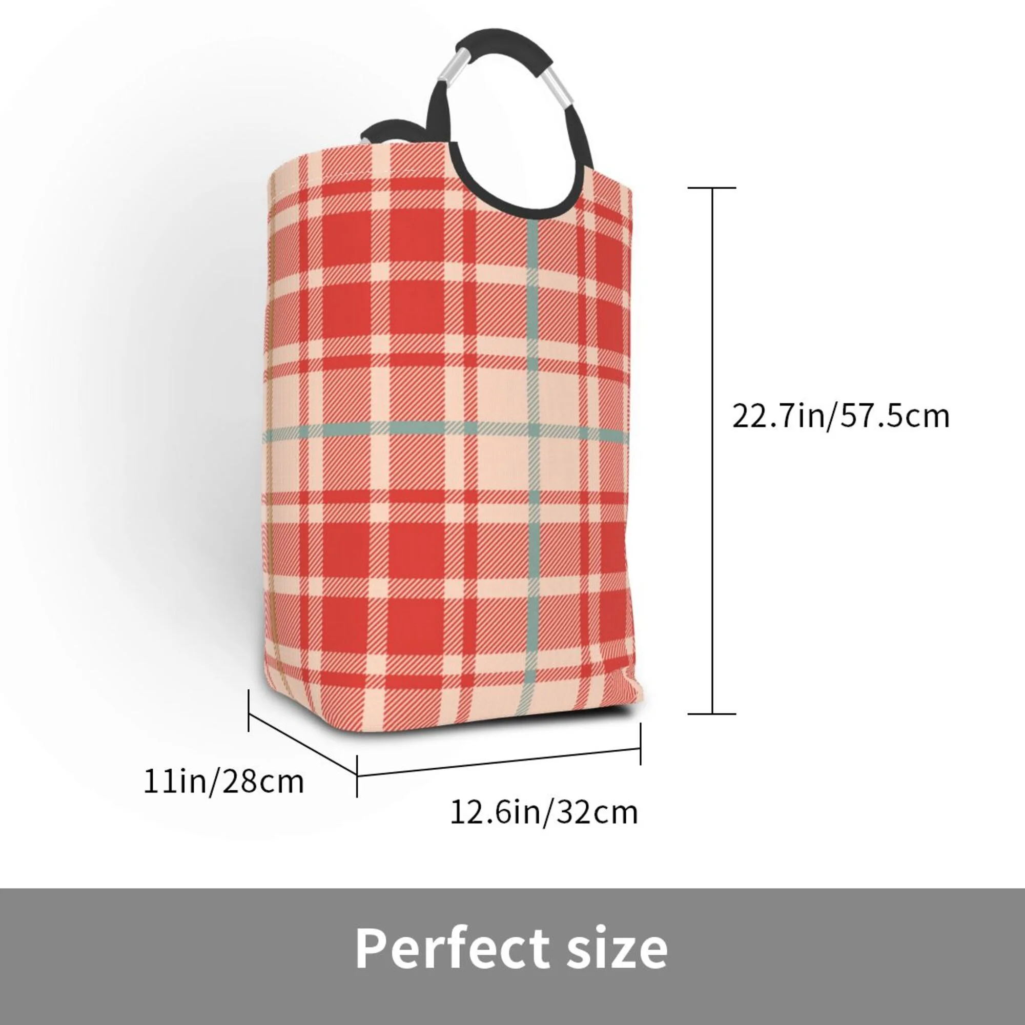 TEQUAN 50L Large Rectangular Laundry Hamper with Aluminum Handles, Beige Red Checkered Plaid Prints Waterproof Foldable Dirty Clothes Basket