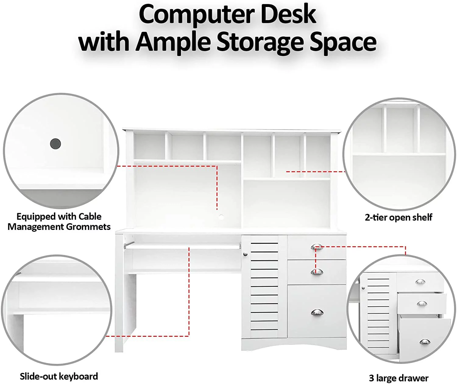 Holaki Computer Desk And Hutch With CPU Storage And Keyboard Drawer, Antiqued White Finish