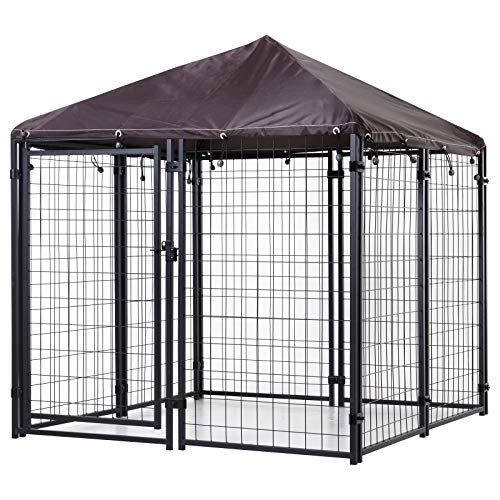 PawHut 4.6' x 4.6' x 5' Dog Kennel Outside, Welded Wire Outdoor Dog Kennel Run with Waterproof & UV Resistant Cover, for S&M Breeds, Chickens, Ducks, Black