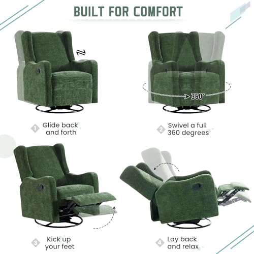 360° Swivel Glider Recliner, Soft Chenille Mid Century Modern Upholstered Ergonomic Rocker Comfy Wingback Accent with Curved Arm Sillas Reclining Chair Living Room Bedroom Lounge Reading Nursery Green
