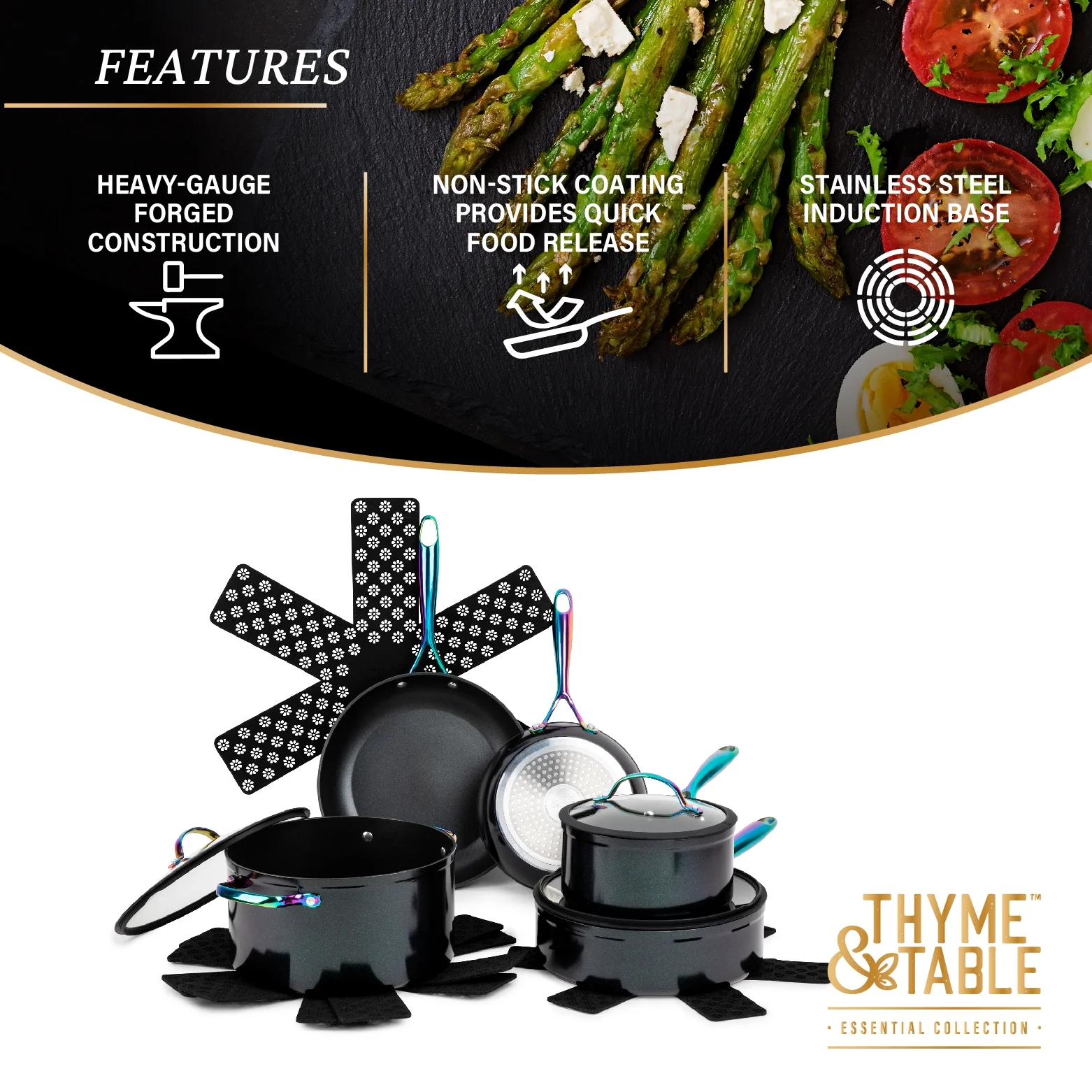 Thyme & Table Non-Stick 12-Piece Signature Cookware Set, Black & Rainbow