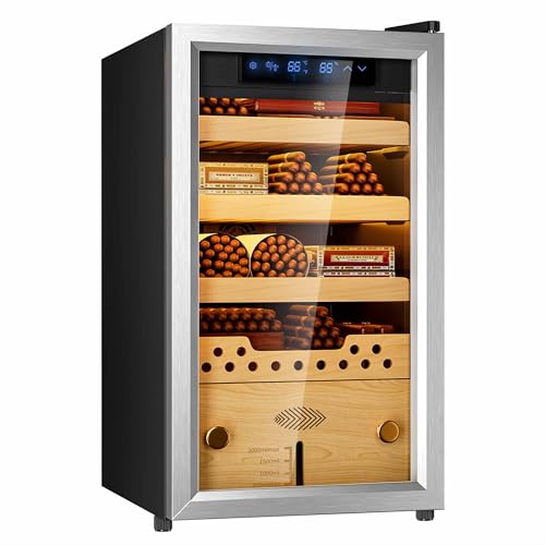 Electric Cigar Humidors with Compressor Cooling - Premium Humidity Control, 40L Cigar Box with Cedar Wood Shelves, Ideal for Storing Cigars (Vast Silver，350 counts)