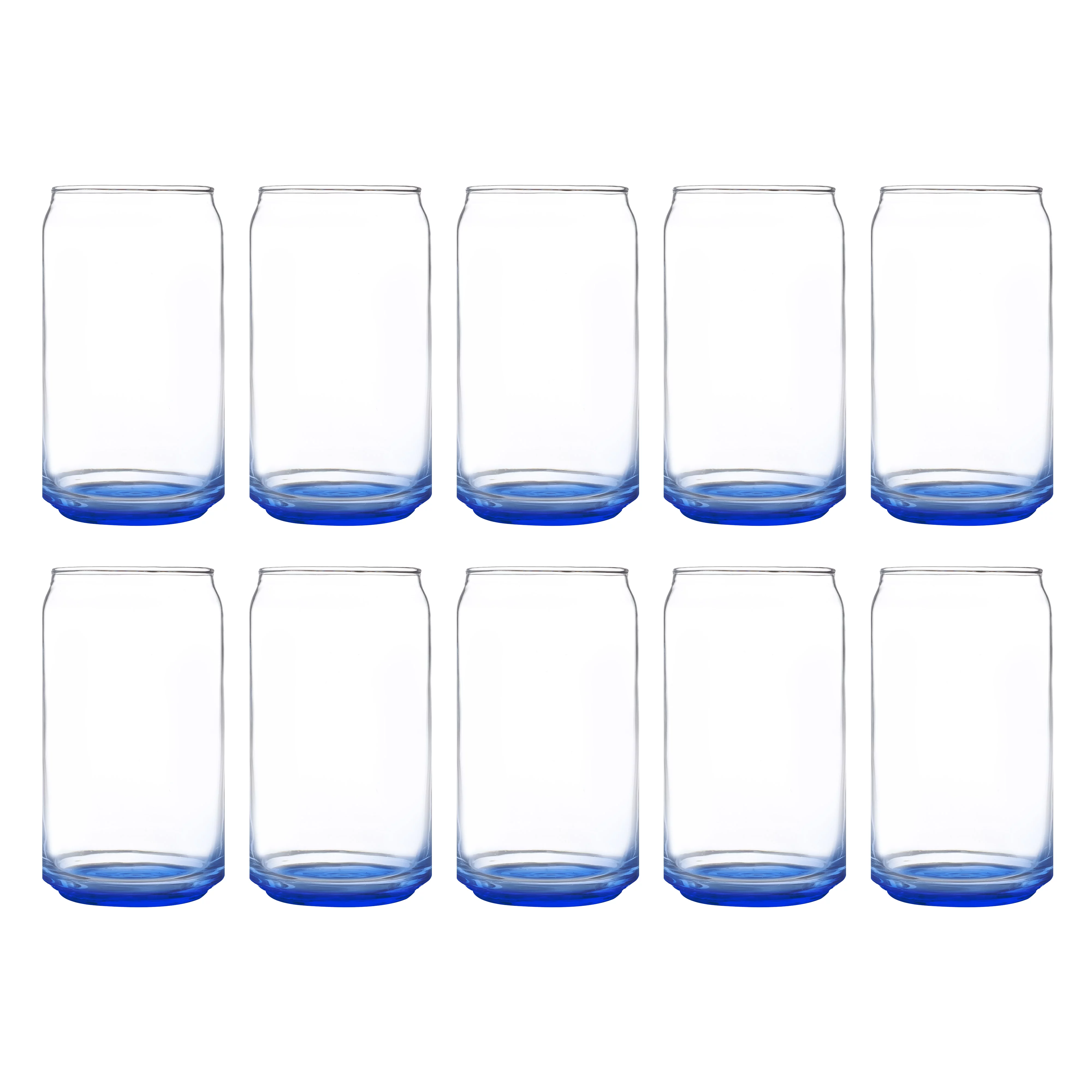 Beer Can Glasses Set of 10, 16 oz. Pint Sized, Soda Can Shape, Glassware, Blue