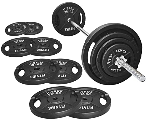 Cast Iron Standard Weight Plates Including 5FT Standard Barbell with Star Locks, 95-Pound Set (85 Pounds Plates + 10 Pounds Barbell), Multiple Styles