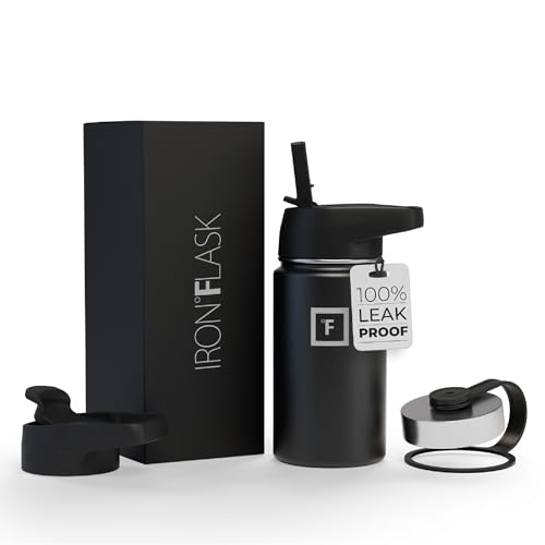 IRON °FLASK Camping & Hiking Hydration Flask with 3 Lids - Stainless Steel, Double Walled & Vacuum Insulated Water Bottle - Leak Proof & BPA Free (Midnight Black, Straw - 40 oz)