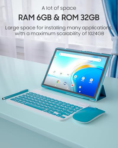 ATOZEE 10 in Tablet 2 in 1 Android 14 Tablets with Keyboard 10 inch Tabletas, Include Mouse Stylus Pen Case, 6000mAh 6GB+32GB ROM 1TB Expandable Tableta, 2MP+8MP Dual Camera, WiFi-6 BT Tablet PC.