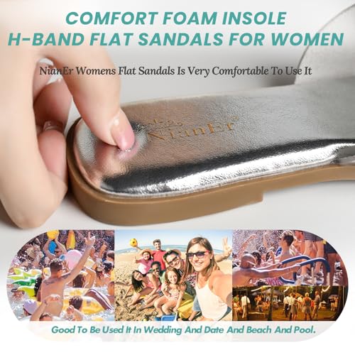 NianEr Womens Microfiber Leather Comfort Foam Support H Sandals Square Toe Dress Dressy Slip On Casual Cute Comfort Bride Bridal Wedding Designer Date Flat Sandals Summer Shoes Slides