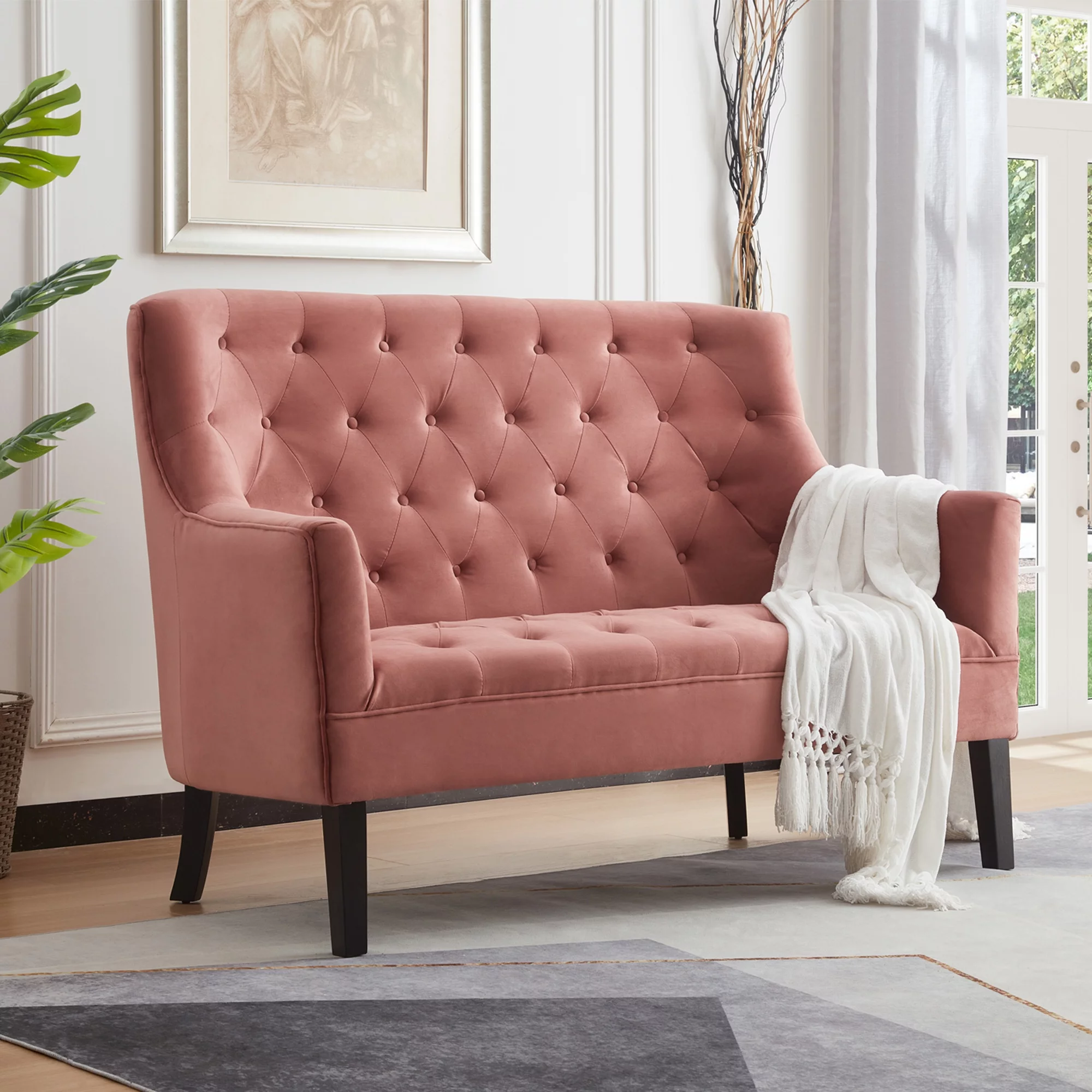 GEXPUSM Loveseat Sofa Couch, Mid-Century Modern Couch Love Seats Sofa for Living Room, Velvet Upholstered Small Couch for Bedroom, Apartment and Small Space, Pink