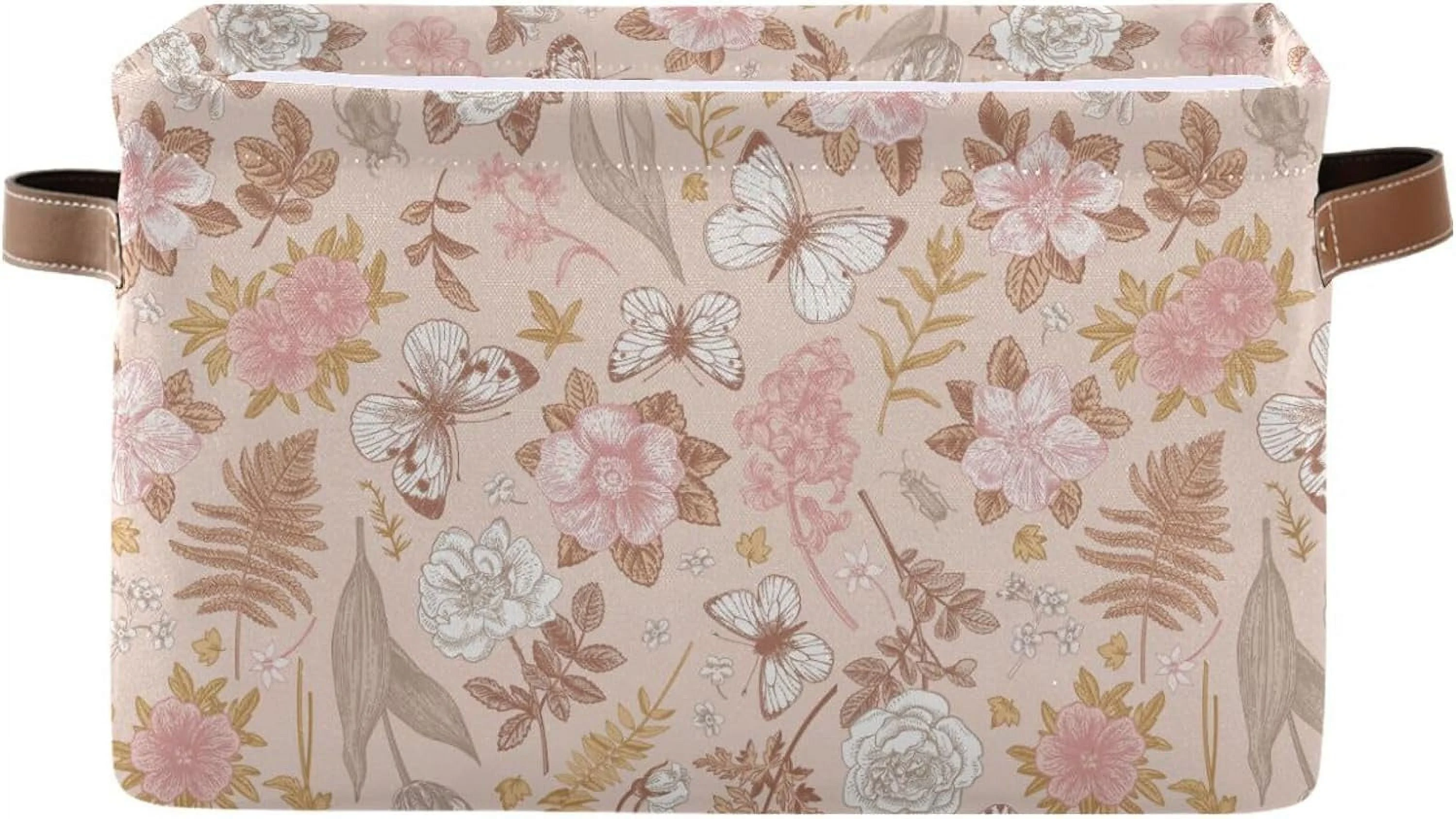 Storage Basket Pink Blooming Flower Foldable Canvas Laundry Baskets Bin Waterproof Inner Layer with Sturdy Handles for Toy Nursery Blanket Clothes 1 Pack