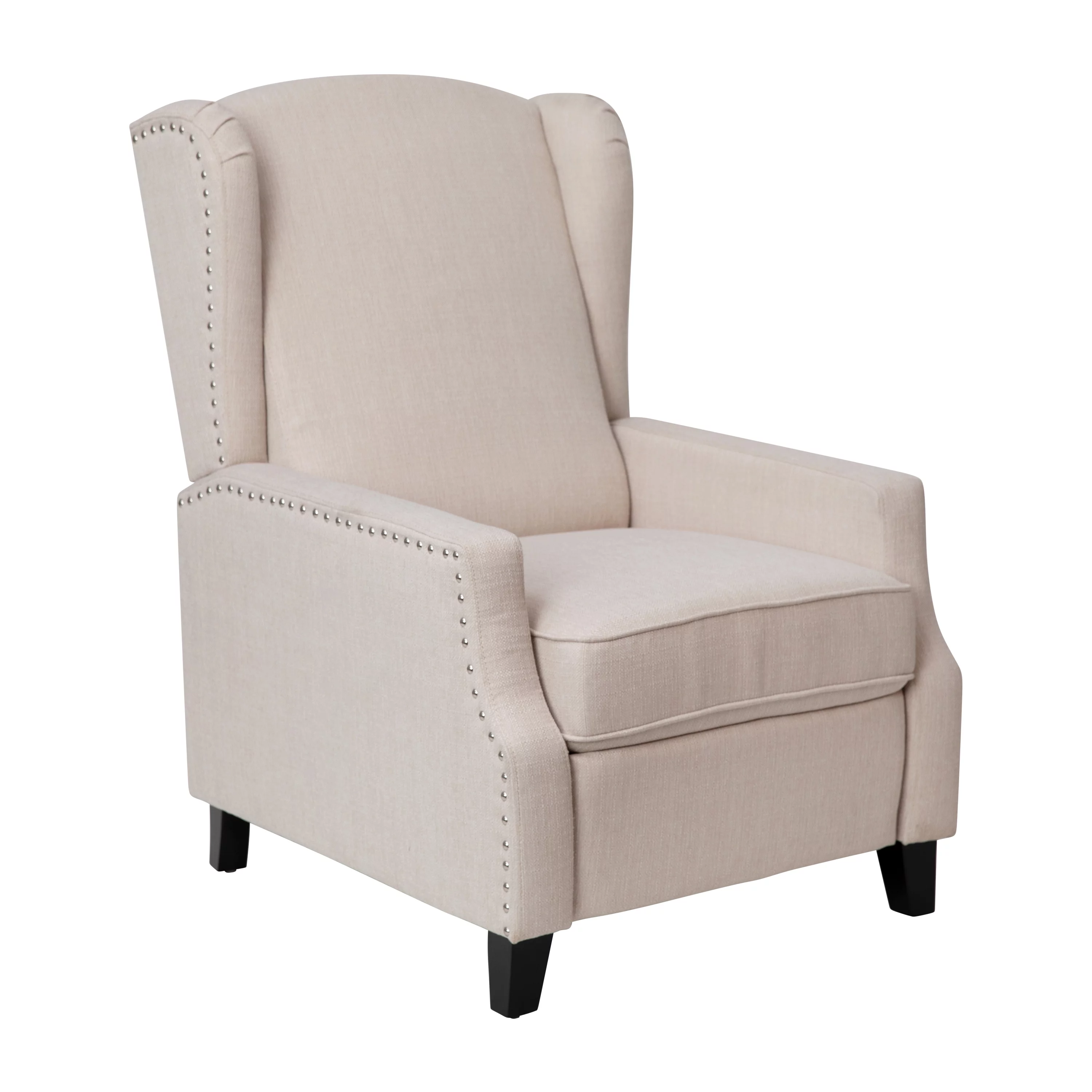 BizChair Traditional Style Slim Push Back Recliner Chair-Wingback Recliner with Cream Fabric Upholstery-Accent Nail Trim