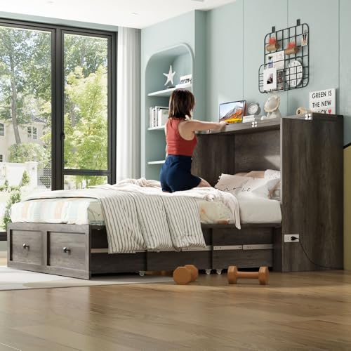 AMERLIFE Queen Murphy Bed with Storage & Charging Station, Farmhouse Murphy Cabinet with Foldable Panel, Noisy Free, for Guest Bedroom, Living Room, Office, Distressed White & Barnwood