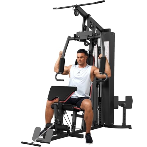 Multifunctional Workout Station, Home Gym Equipment for Full Body Training, Exercise Equipment with 150 Lbs Weight Stack, Pulley System, Adjustable Leg Press Footrest, Black