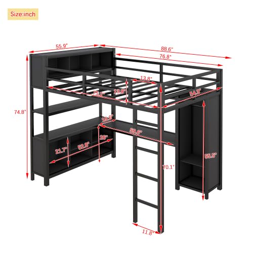 Bellemave Metal Loft Bed With Wardrobe and L-Shaped Desk, Full Size With Storage Cubes and Shelves, Heavy Duty for Kids Teens Adults, Black