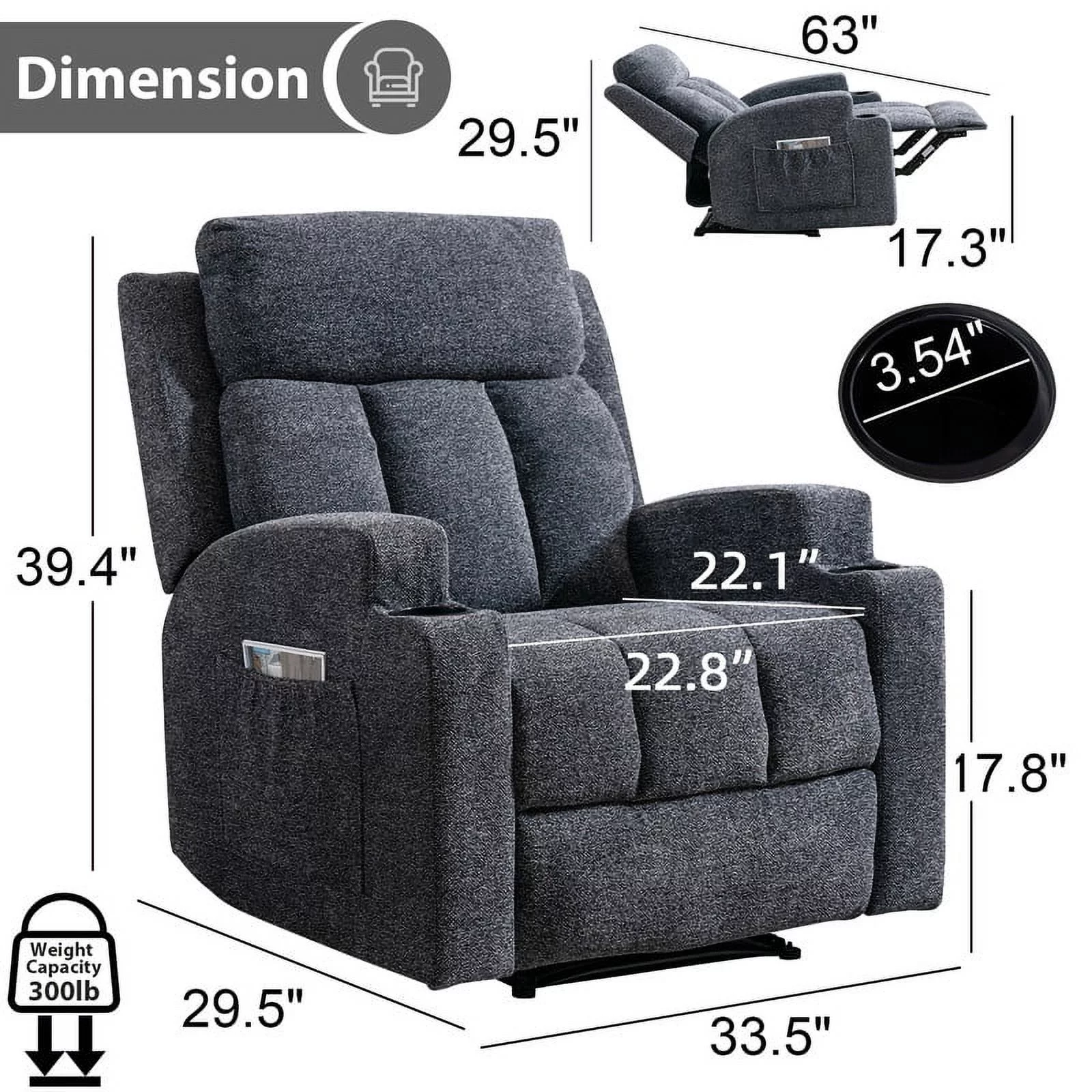 Ebello Design Manual Massage Recliner Chairs with Heat, with Side Pockets and Cup Holders Overstuffed Breathable Fabric Reclining Chair, Single Sofa Home Theater Seating