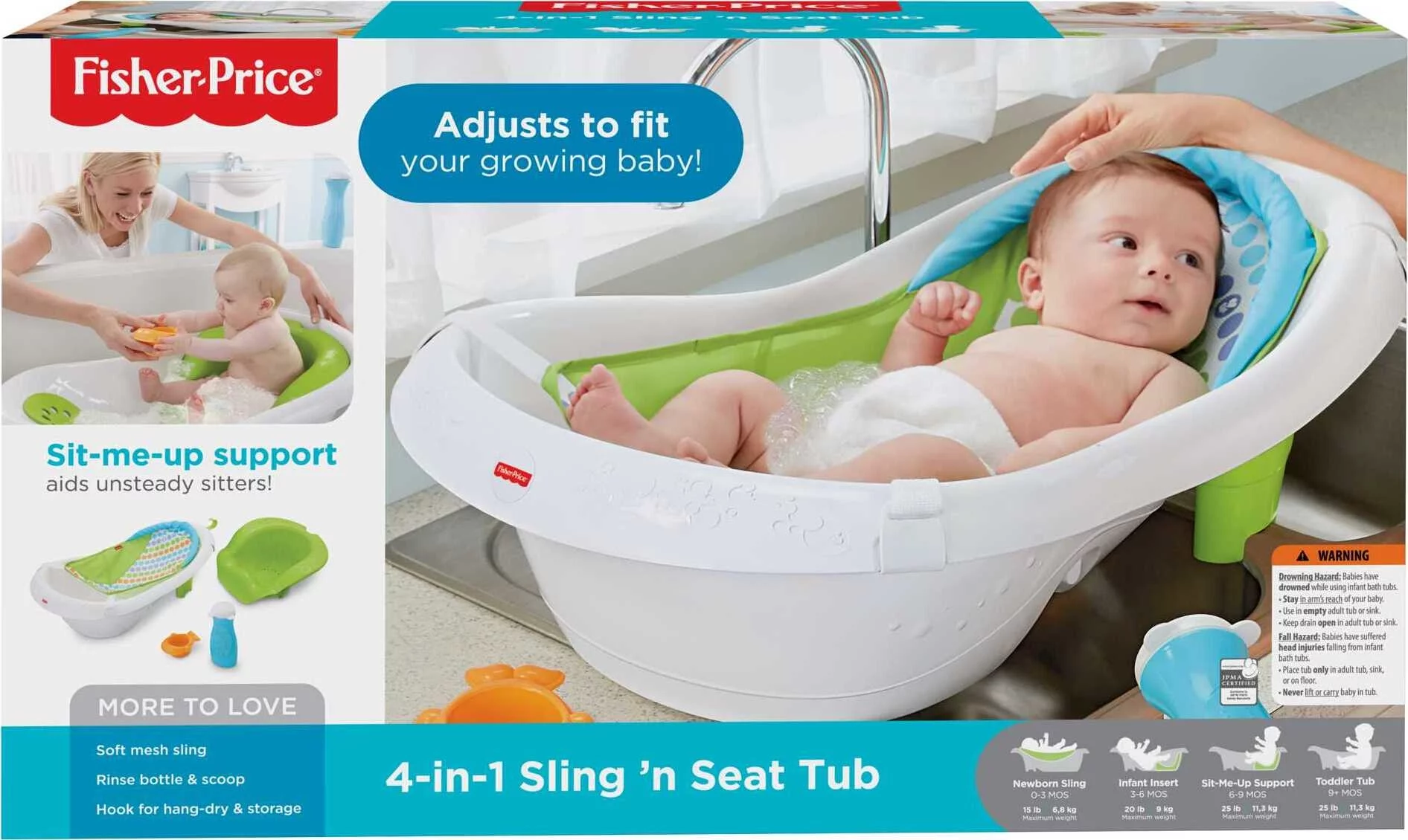 Fisher-Price 4-in-1 Sling ‘n Seat Tub Baby to Toddler Bath with 2 Toys, Green