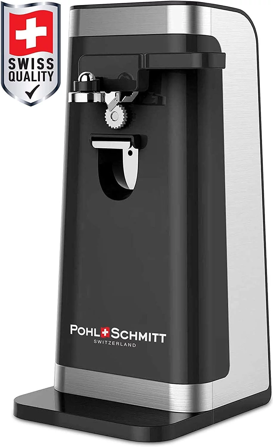 POHL SCHMITT Electric Can Opener, Easy Push Down Lever, Knife Sharpener, Bottle Opener & Built-In Cord Storage, Opens All Standard-Size and Pop-Top Cans