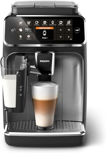 PHILIPS 4400 Series Fully Automatic Espresso Machine – 12 Hot & Iced Coffees, Quick-to-Clean LatteGo Milk System, SilentBrew, QuickStart, Ceramic Grinder, Black Chrome (EP4444/90)