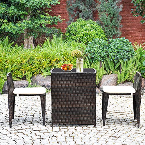 Giantex 3 PCS Cushioned Outdoor Wicker Patio Set Convention Bistro Set Garden Lawn Space Saving Conversation Sofa Furniture No Assembly (Brown)