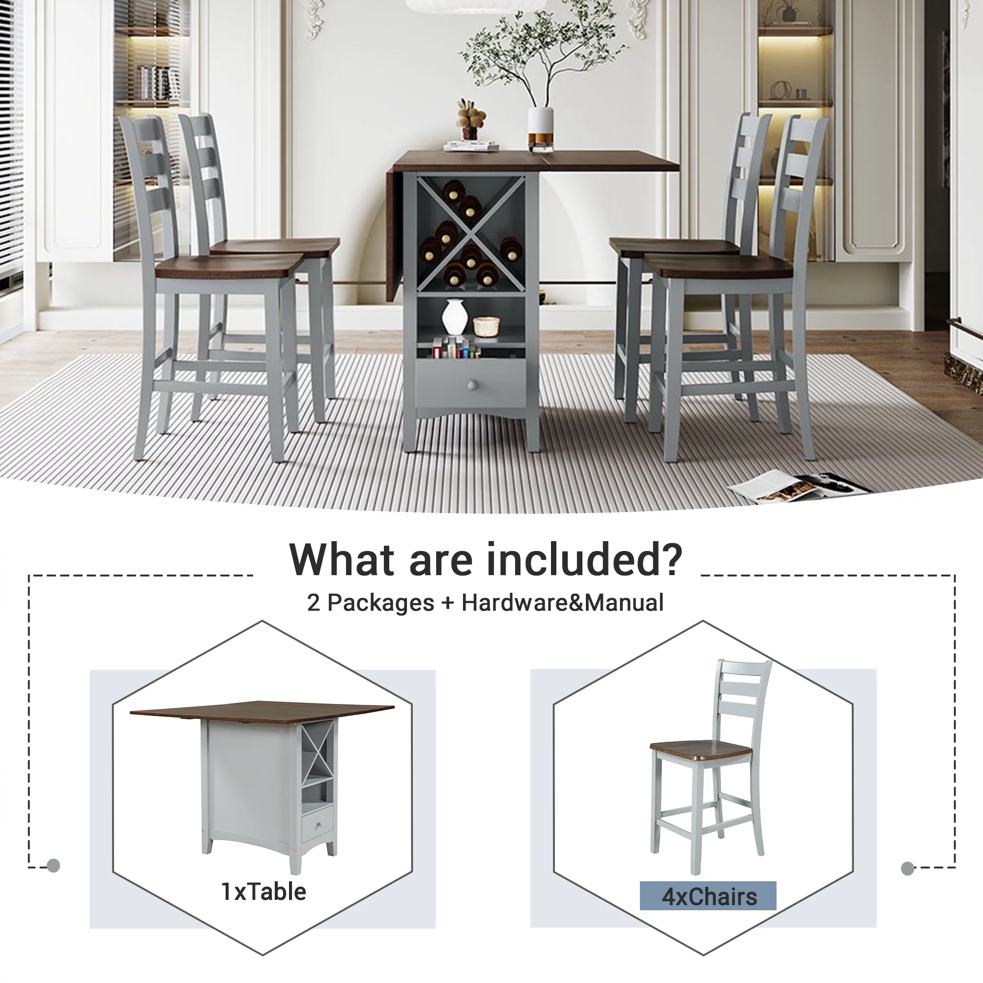 5 Piece Farmhouse Counter Height Kitchen Dining Set with Wine Rack and Drawers, Dining Table Set with 4 Seatings, Compact Kitchen Table with Drop Leaf for Kitchen, Dining Room(Cherry+Gray)