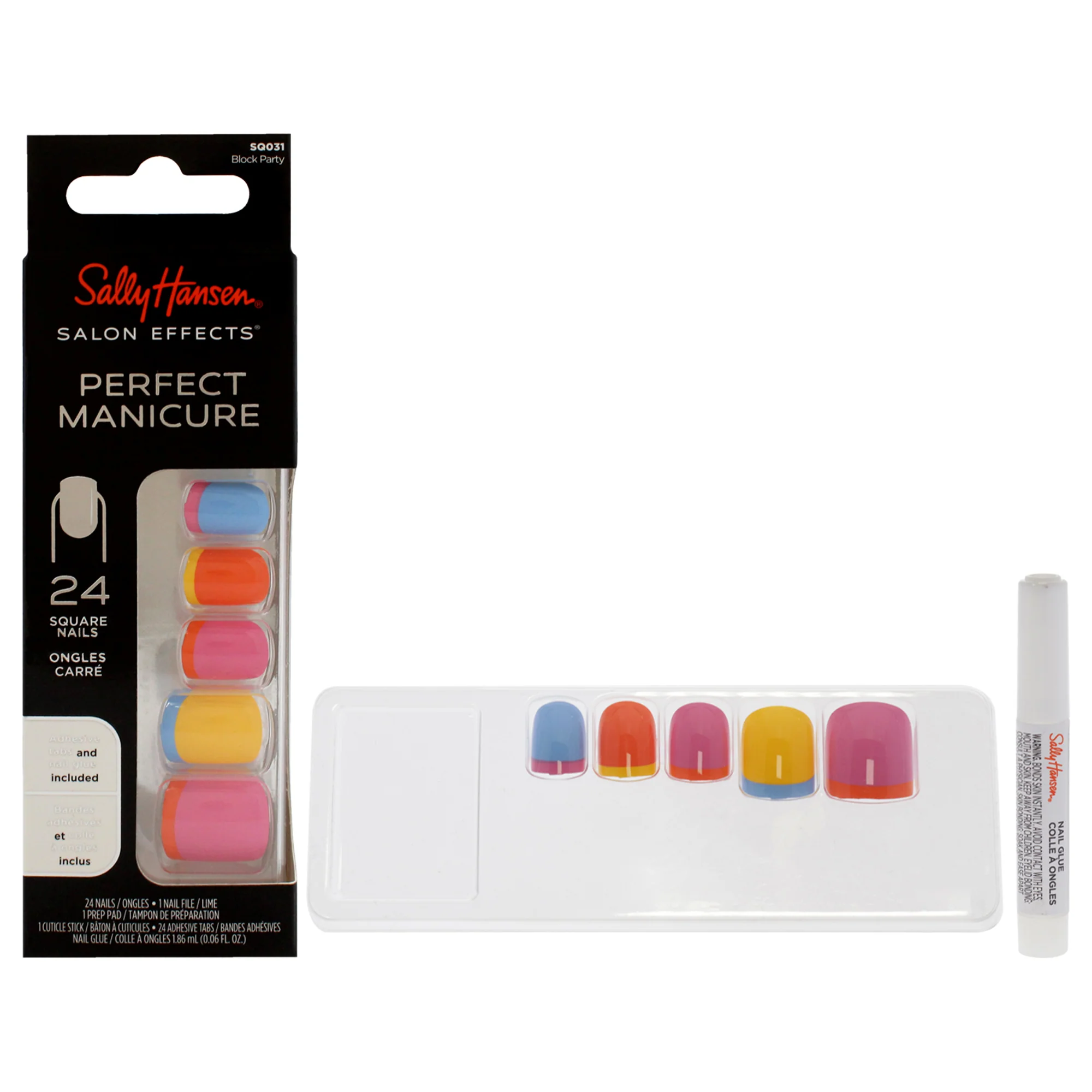 Salon Effects Perfect Manicure Square Nails - SQ031 Block Party by Sally Hansen for Women - 52 Pc 24 Nails, 24 Adhesive Tabs, Nail File, Pre Pad, Cuticle Stick, 0.06oz Nail Glue
