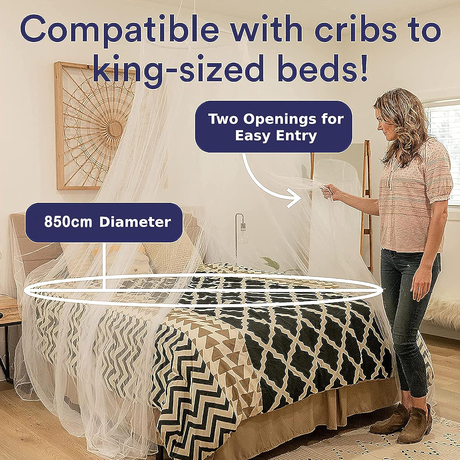 EVEN NATURALS King Size Mosquito Net for Bed - Ultra-Large Mosquito Netting for Bed, Easy Installation, Machine Washable, Luxurious Fine Mesh 300 Holes/inch² - Ideal for Home and Travel - 87