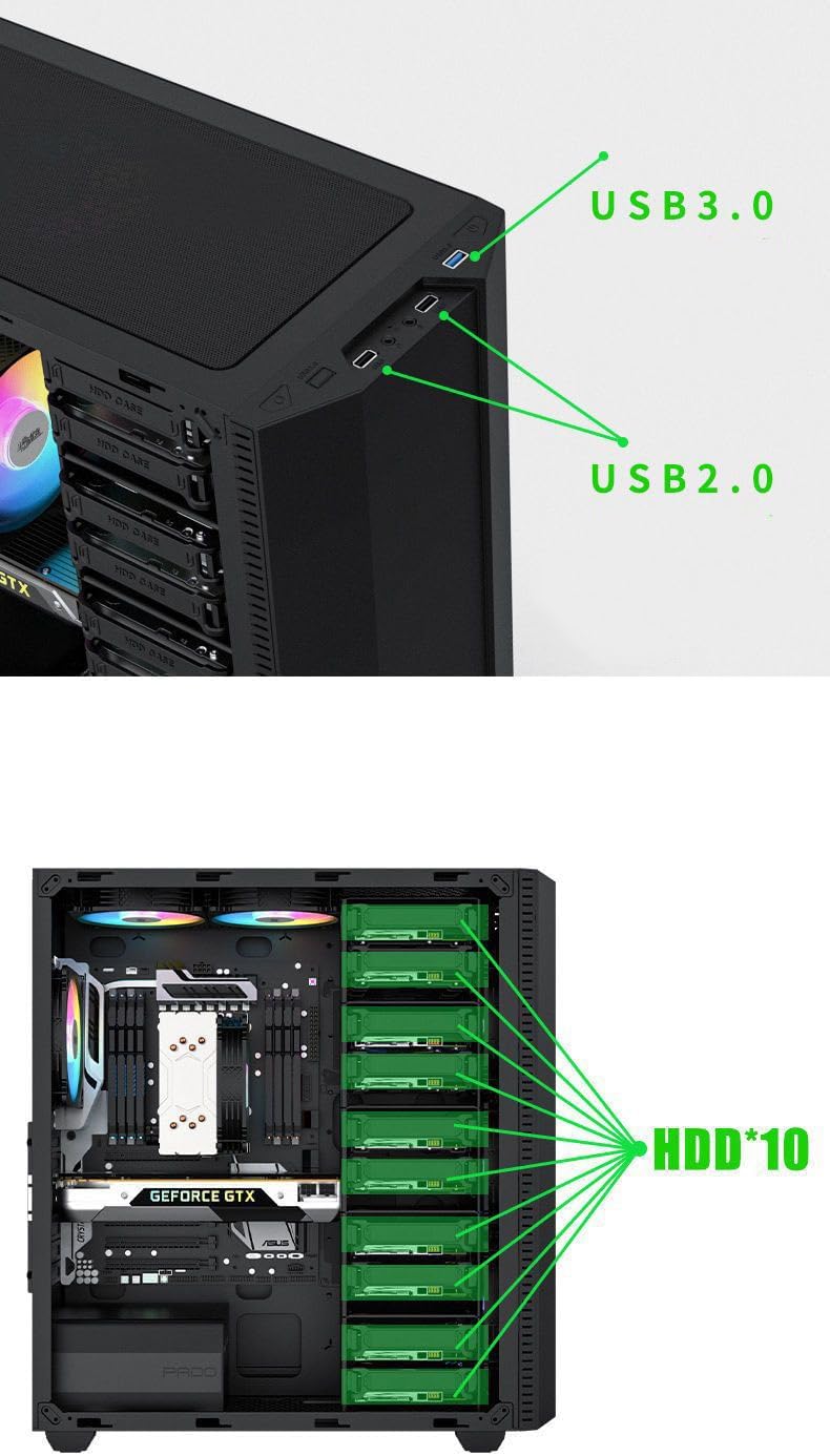 BD-1 Airflow ATX Mid-Tower Case, Multi-HDD Drive Server Case, Support ATX/ITX/M-ATX Motherboard, 3 SSD Positon, with 10 HDD Brackets-Black with 120mm*2 RGB Fans