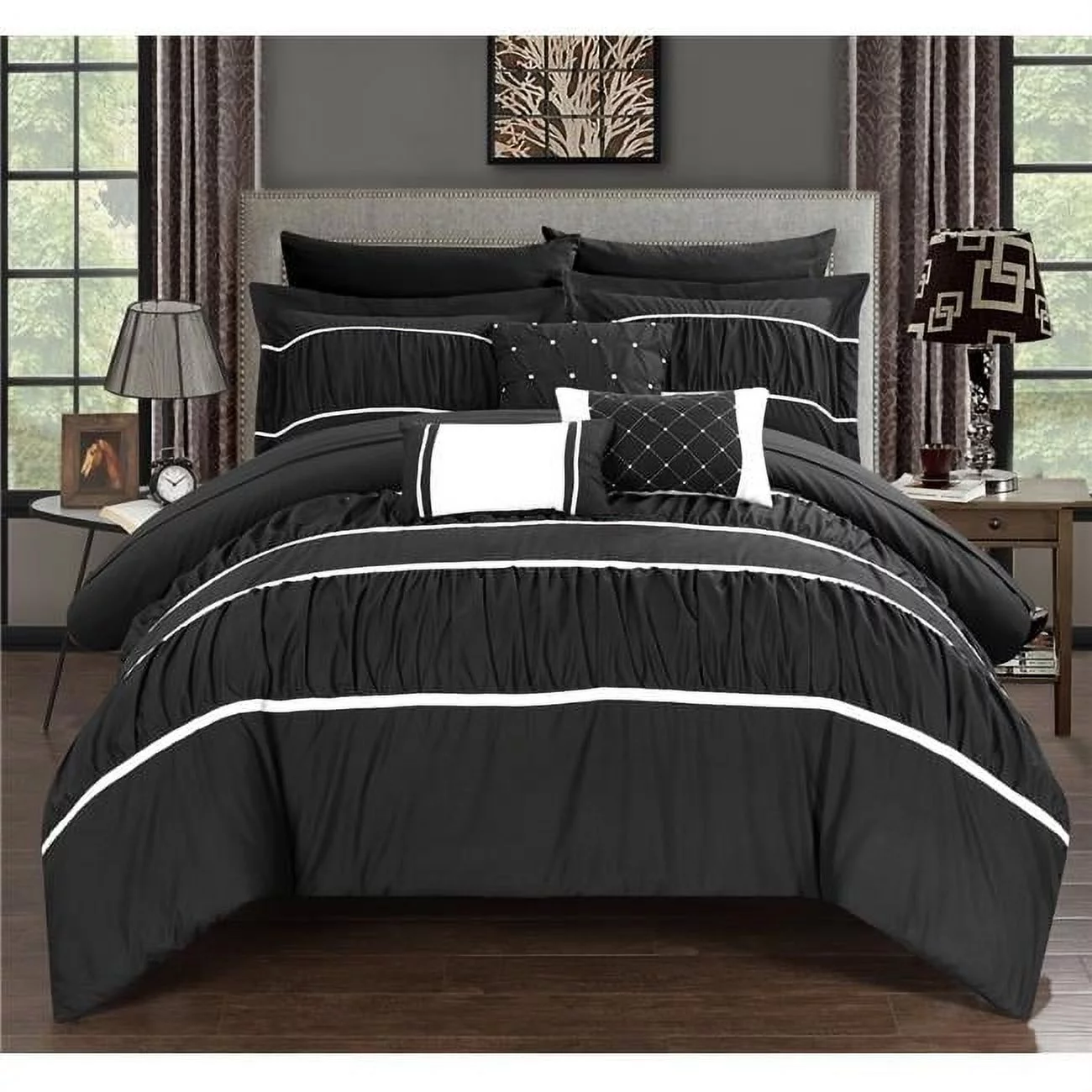 Chic Home  Penelope Pleated & Ruffled Bed in a Bag Comforter Set with Sheets - Black - Queen - 10 Piece