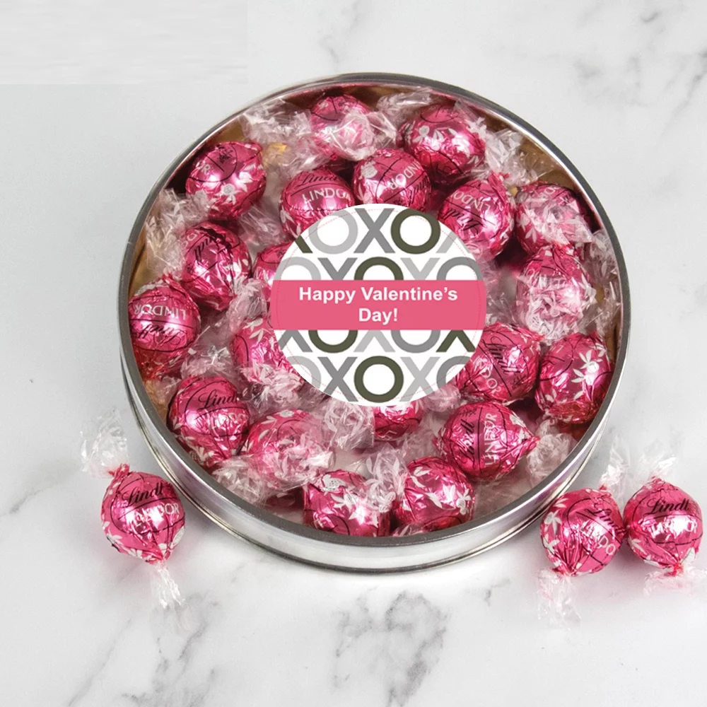 Valentine's Day Candy Gift Tin Large Plastic Tin with Chocolate Strawberries & Cream Truffles - XOXO