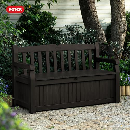 Keter Solana 70 Gallon Storage Bench Deck Box for Patio Storage, Front Porch Decor and Outdoor Seating – Perfect to Store Garden Tools and Pool Floats, Graphite