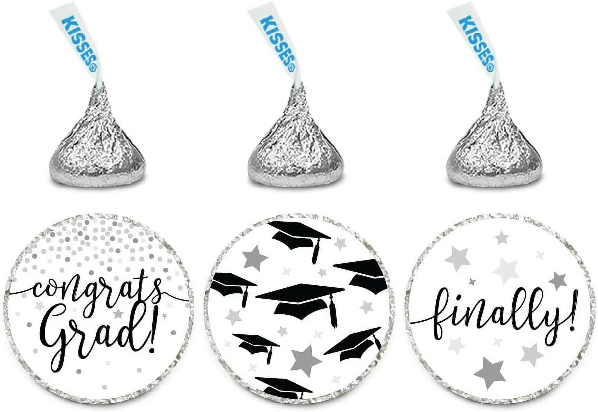 Black And White Graduation Party Collection, Chocolate Drop Label Stickers Trio, 216-Pack, Fits Kisses Party Favors