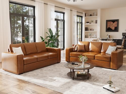 Loveseat Set of 2,Living Room Furniture Set,Oversized Faxu Leather Sofa,Upholstered 3 Seater Sofa with Deep Seats,Detachable Sofa Cover,Modern Couches for Small Place,Apartment,Lounge,Brown
