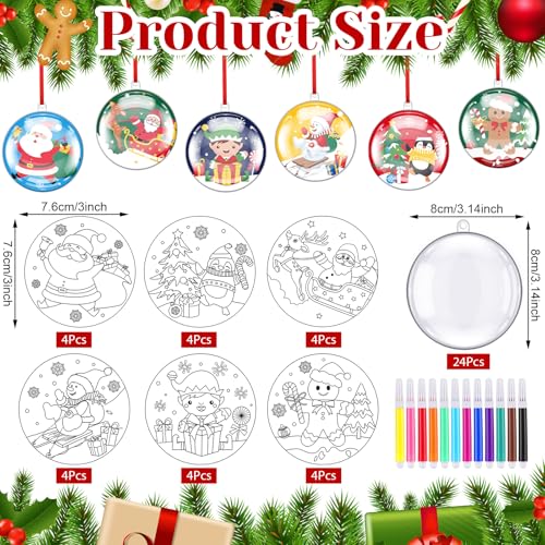 24 Sets Color Your Own DIY Plastic Christmas Bulb Ornament Kits with Snowman Santa Claus Pattern Bulbs Hanging Ornaments Craft Kits for DIY Xmas Tree Decoration