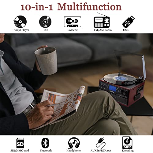 LoopTone 10 in 1 Bluetooth in/Out Record Player 3 Speed Vinyl Vintage Turntable CD Player Cassette AM/FM Radio 2 Built in Speaker USB/SD Recorder Aux-in RCA Line-Out