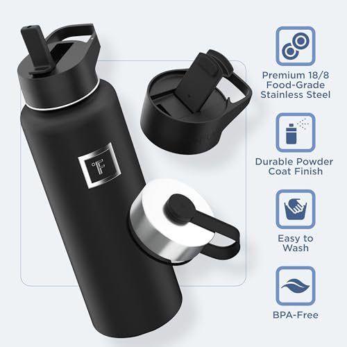 IRON °FLASK Camping & Hiking Hydration Flask with 3 Lids - Stainless Steel, Double Walled & Vacuum Insulated Water Bottle - Leak Proof & BPA Free (Midnight Black, Straw - 40 oz)