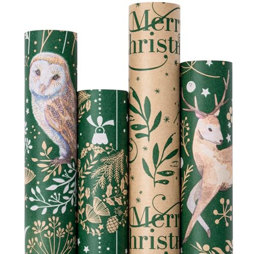 RUSPEPA Christmas Kraft Wrapping Paper - Owl, Reindeer, Christmas Ball and Text Design - 4 Rolls - 30 inches x 10 feet per Roll