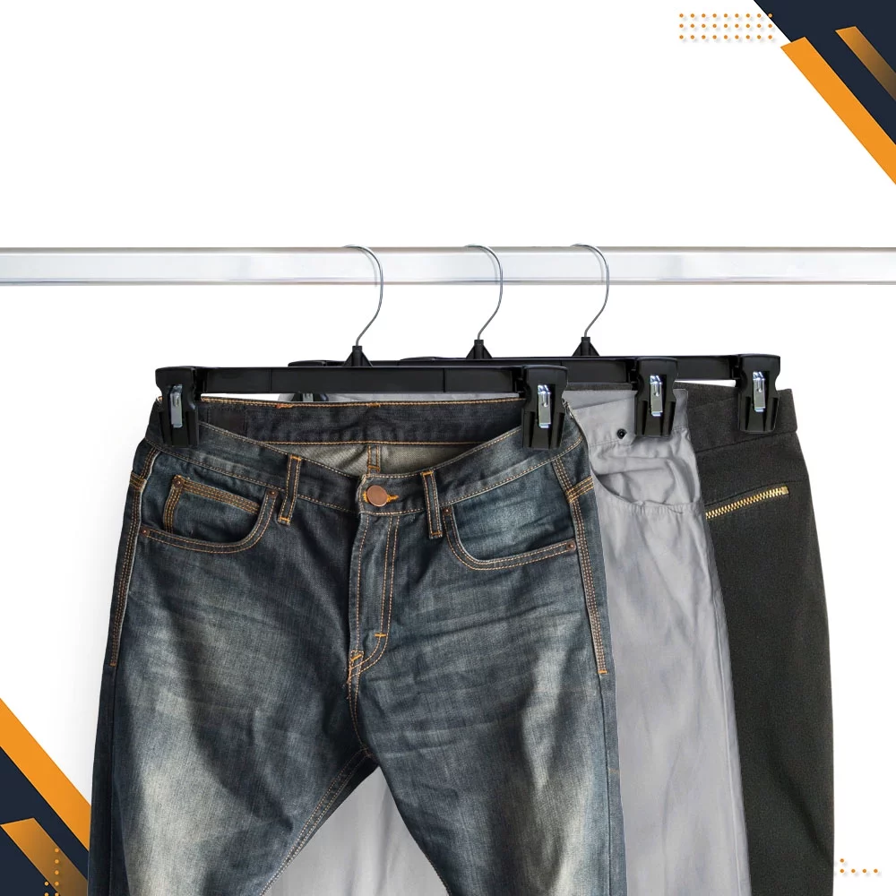 Hanger Central Recycled Black Heavy Duty Plastic Pants & Skirt Bottom Hangers with Padded Pinch Clips and Polished Metal Swivel Hooks, 14 Inch, 50 Pack