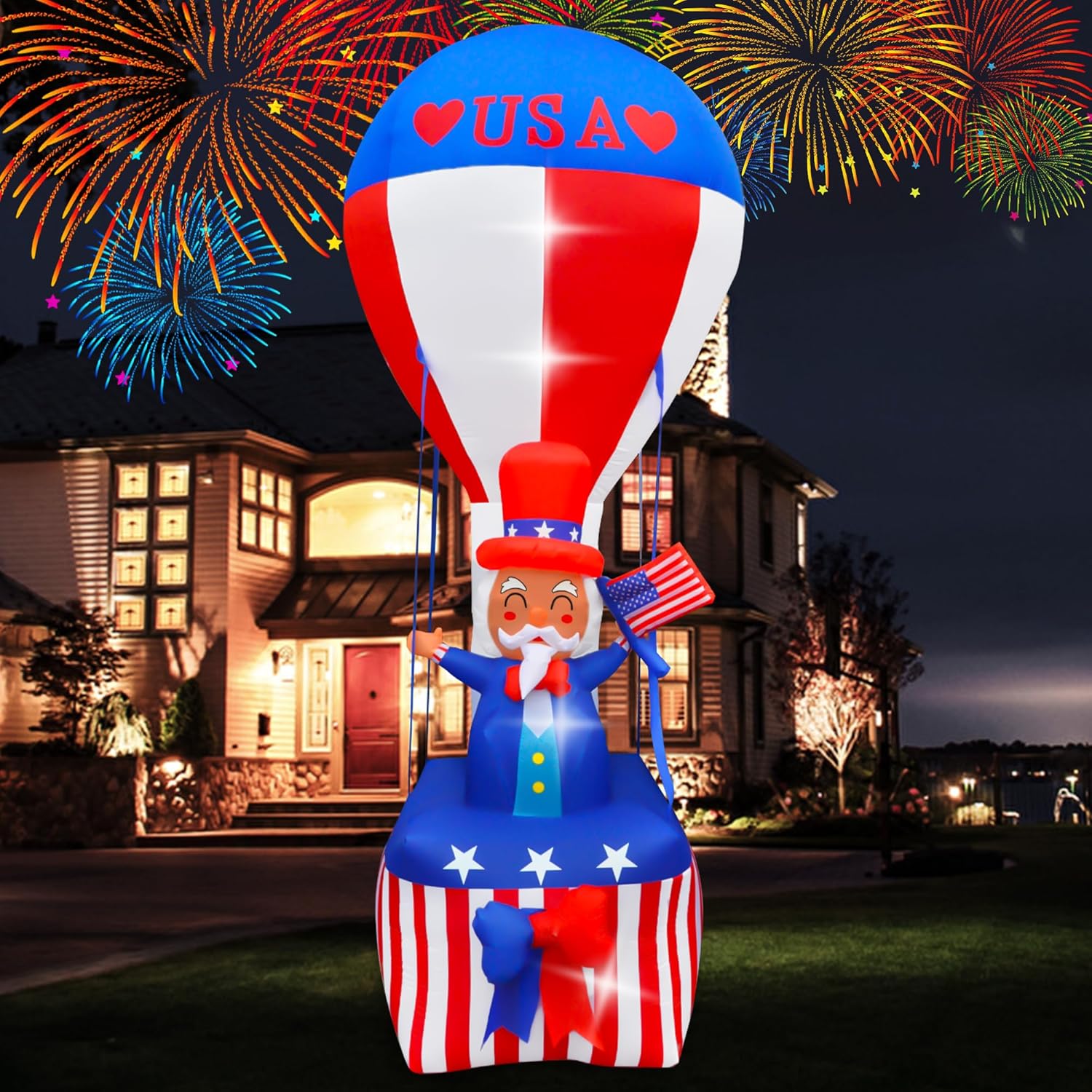 SEASONBLOW 9FT 4th of July Inflatables Outdoor Decorations, Uncle Sam on Hot Air Balloon Decoration Build-in LED Lights Blow Up Patriotic Independence Day for Home Yard Lawn Decor