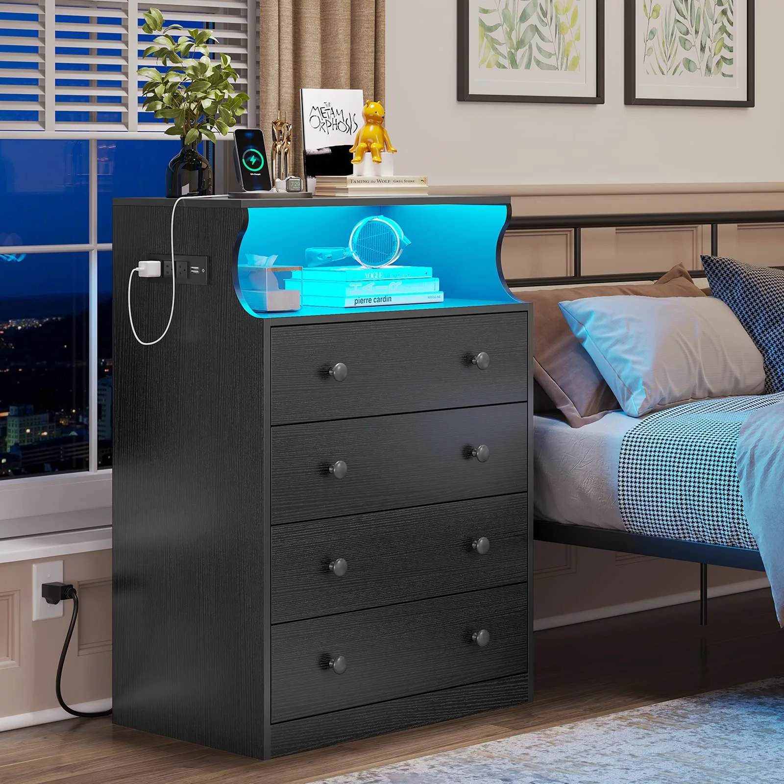 4 Drawer Dresser with LED Lights and Charging Station,Modern Black Storage Cabinet with Open Shelves,Dresser for Bedroom