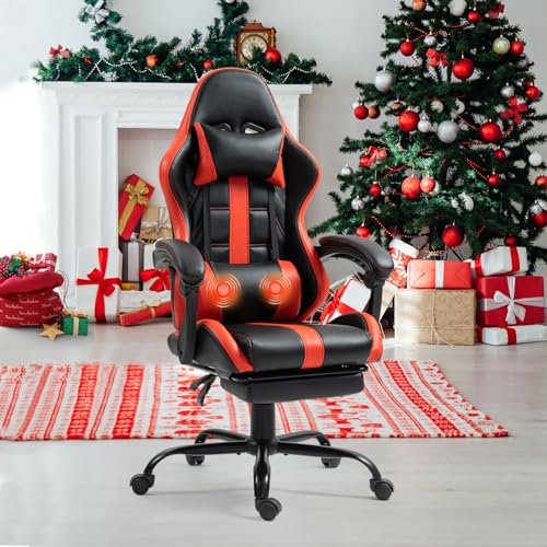 Massage Gaming Chair w/Footrest, Ergonomic High Back PC Chair w/Headrest and Lumbar, PU Swivel Home Desk Office Chair, Black