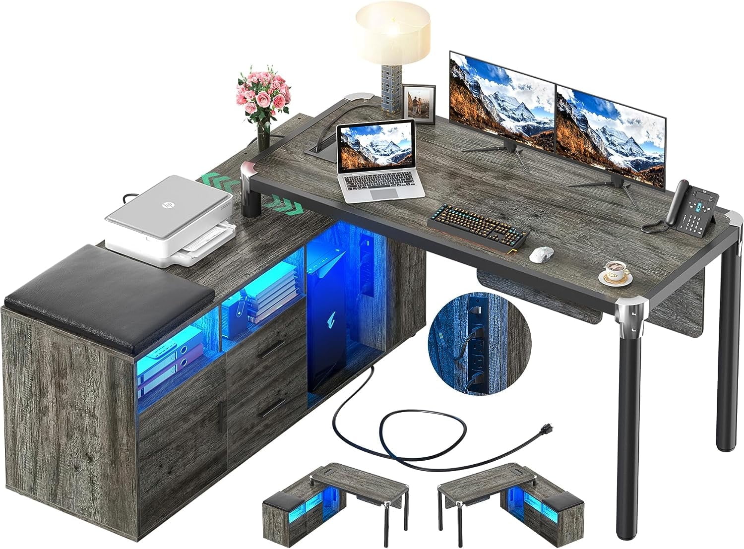 Homieasy L Shaped Desk with File Cabinet and Storage Shelf, 55 Inch Corner Computer Desk with Power Outlet & LED Strip, Large L-Shaped Office Desk with Drawer and Soft Cushion, Grey