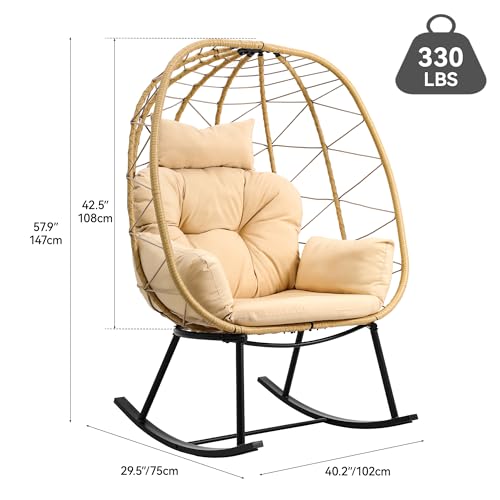 YITAHOME Outdoor Rocking Egg Chair with Cushioned Comfort, Wicker Patio Rocker 250lb Capacity, Anti-Slip, All-Weather Resilient Rattan Design for Indoor & Outdoor Relaxation Spaces, Beige