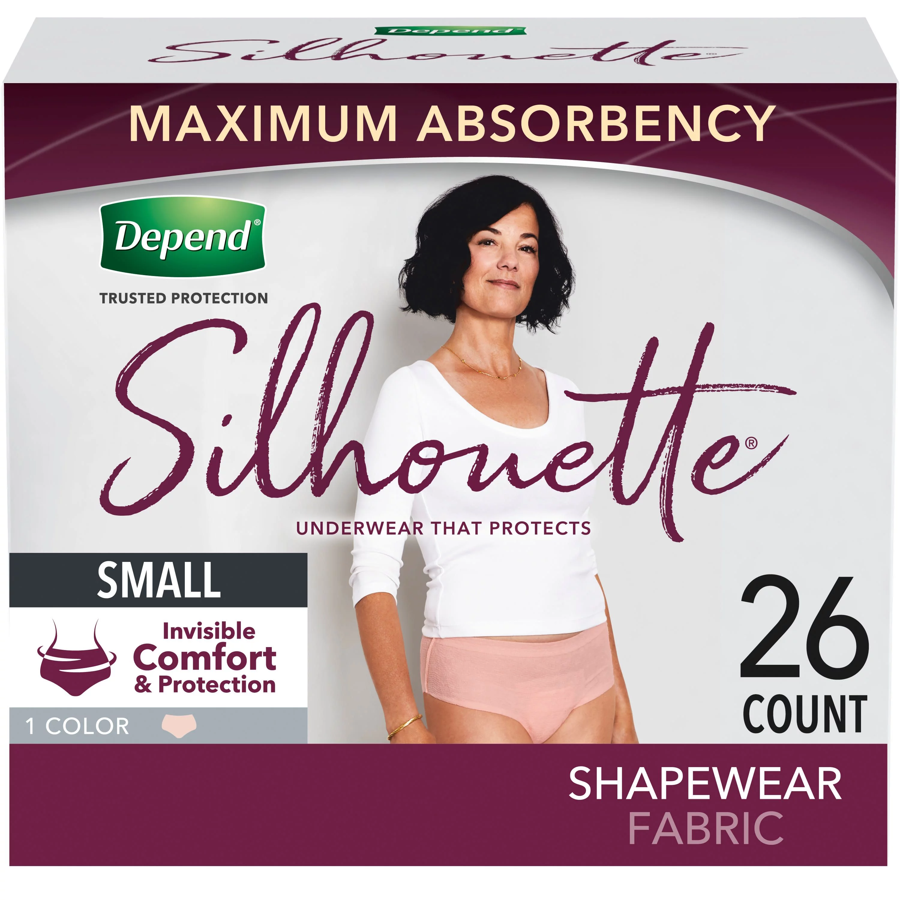Depend Silhouette Incontinence Underwear for Women, Maximum Absorbency, S, Pink, 26ct